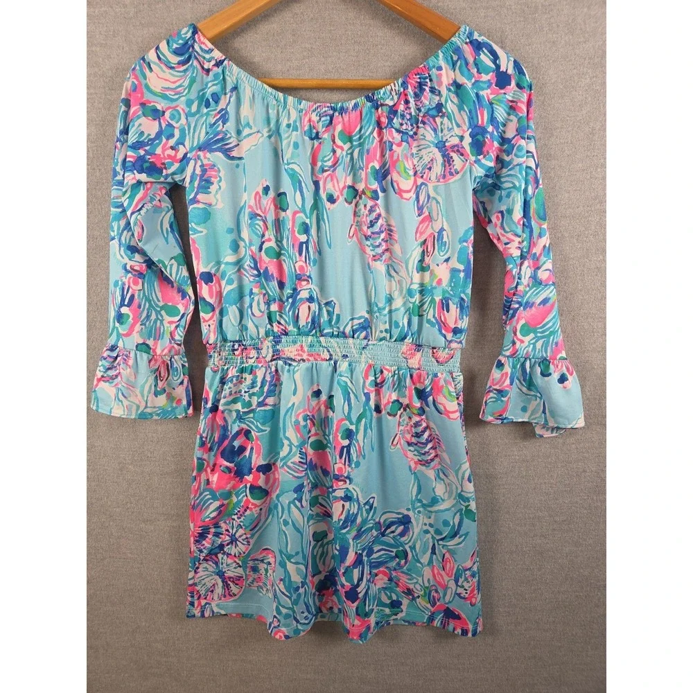 Lilly Pulitzer Girls L Off Shoulder Sundress Romper Skirt Blue Pink Bell Sleeve